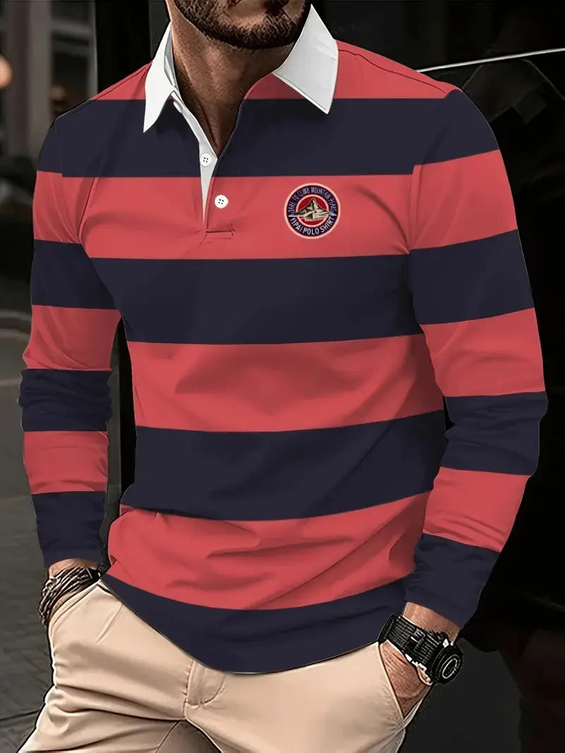 Men's Retro Business Stripe Print Long Sleeve Polo Shirt cherishyouo