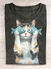 FISH Eye Funny Cat Art Print Causal Short Sleeve T-shirt cherishyouo