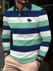 Men's Retro Business Stripe Print Long Sleeve Polo Shirt cherishyouo