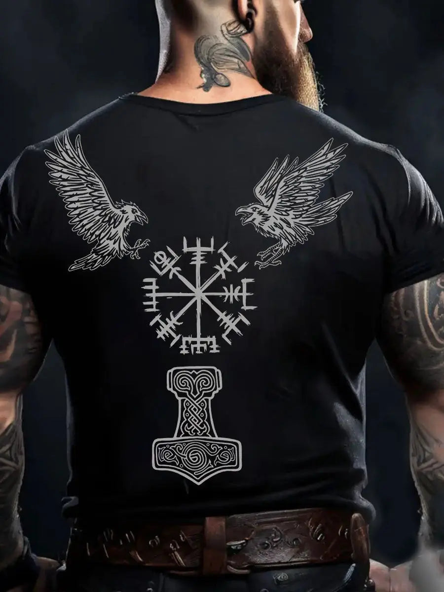 Herren Viking Style Odin Ravens & Vegvisir Bedrucktes T-Shirt zartstils