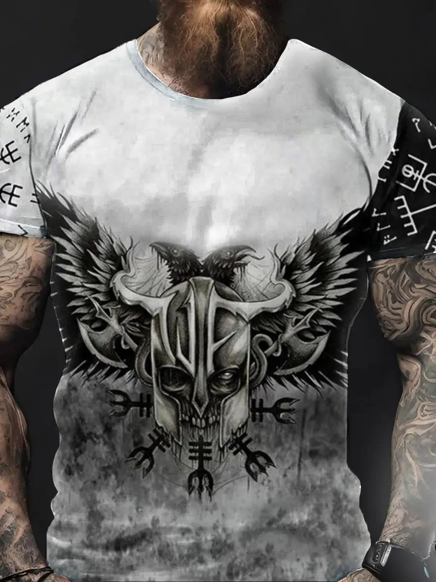 Herren Viking Style Odin Ravens & Vegvisir Bedrucktes T-Shirt zartstils