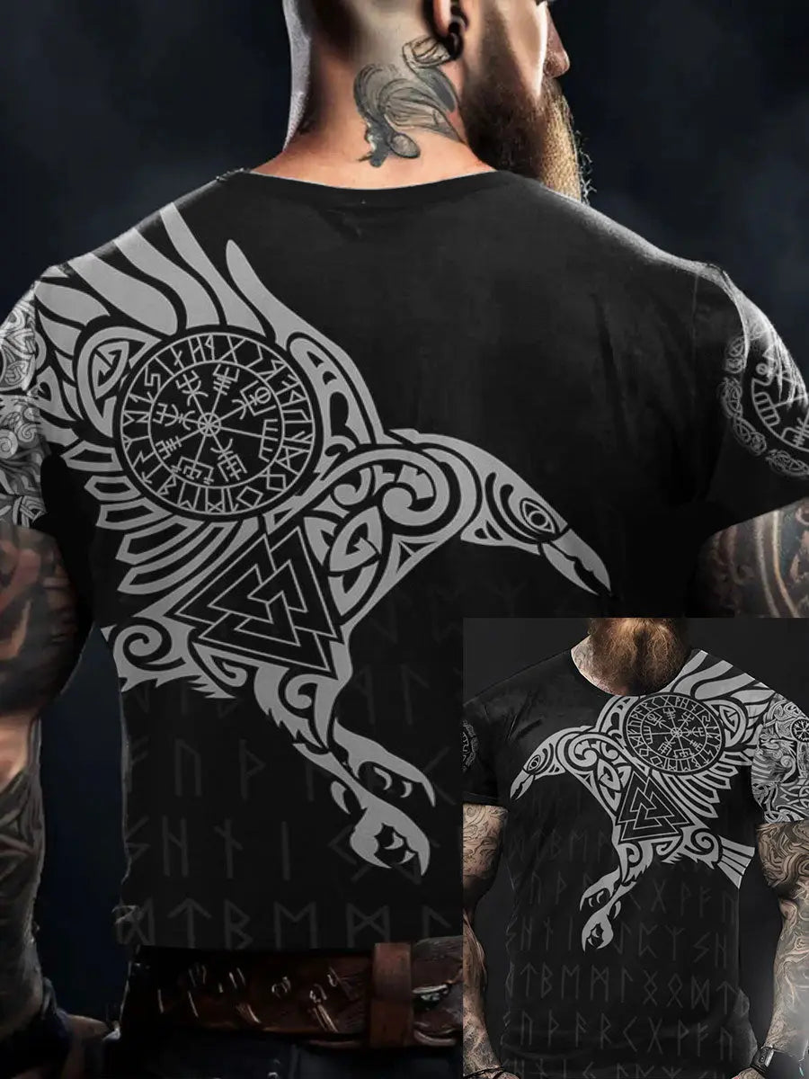 Herren Viking Style Odin Ravens & Vegvisir Bedrucktes T-Shirt zartstils