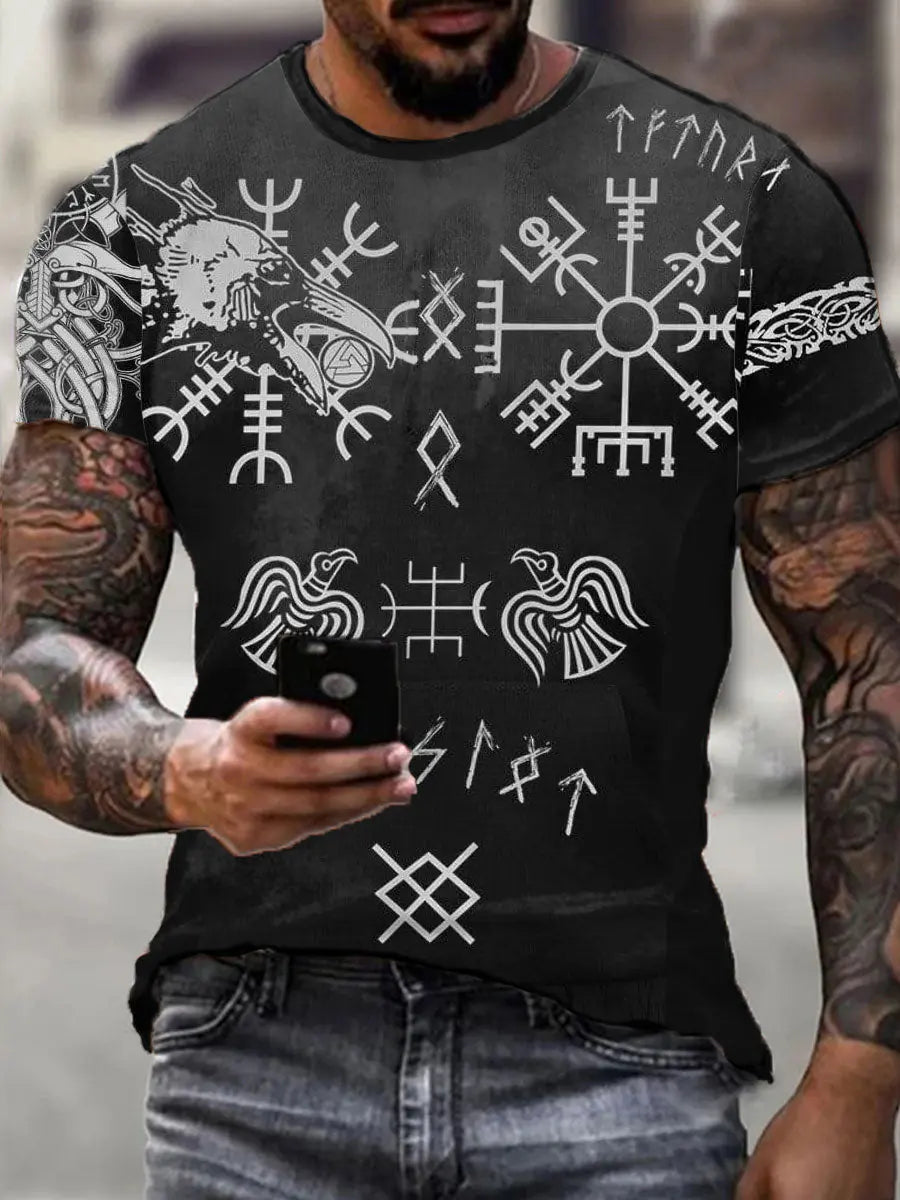 Herren Viking Style Odin Ravens & Vegvisir Bedrucktes T-Shirt zartstils