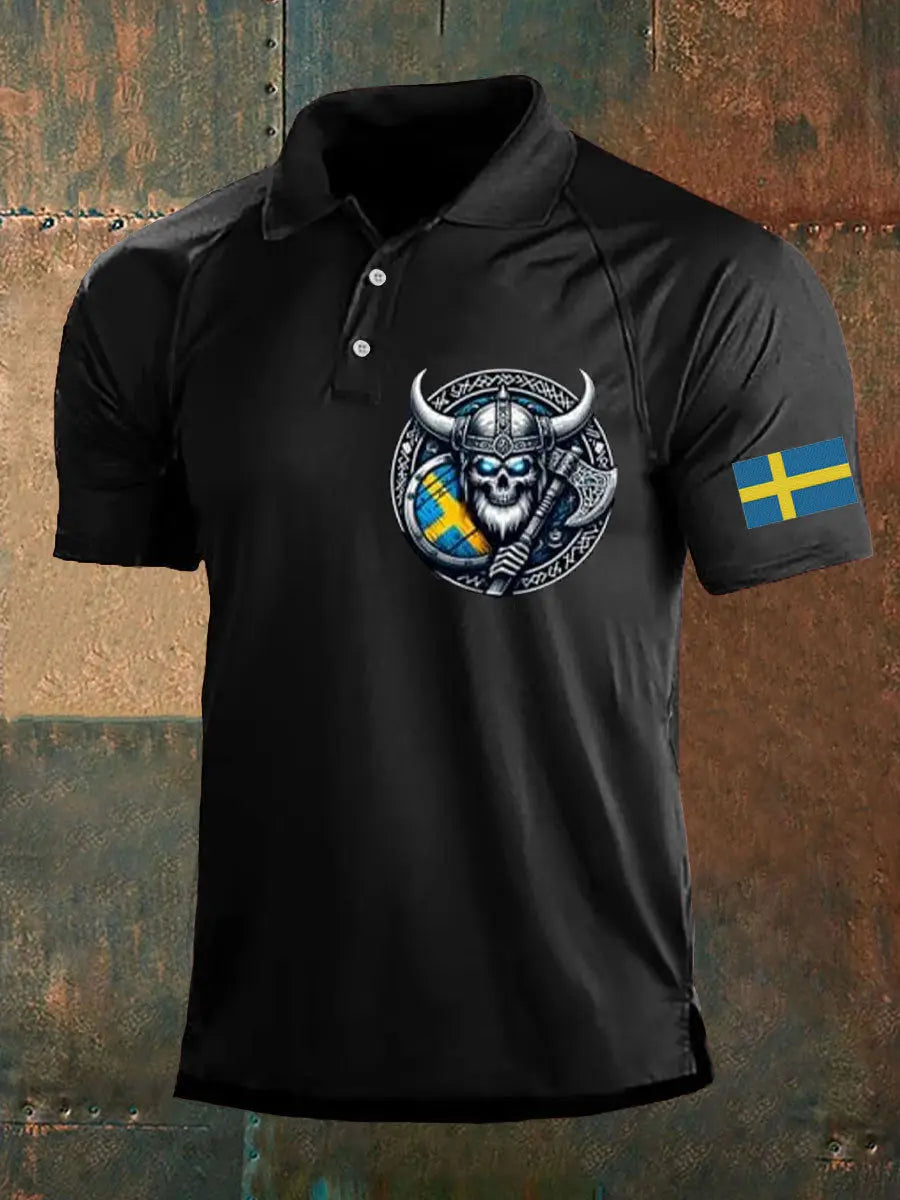 Herrens Sverige Viking Style Skull Tryckt Polo tröj zartstils