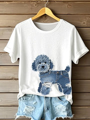 Damen niedliches Hunde-Jeans-Patchwork-Kunst-T-Shirt