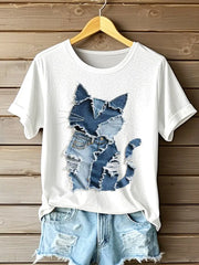 Damen Katzen muster Denim Patchwork Kunst T-Shirt