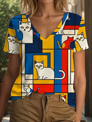 Frauen Katzen linie Kunstdruck T-Shirt