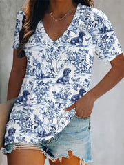 Damen Dackel Print T-Shirts mit V-Ausschnitt