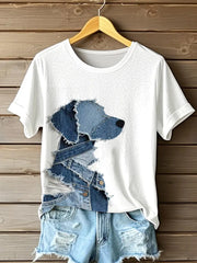 Damen niedliches Hunde-Jeans-Patchwork-Kunst-T-Shirt