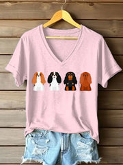 Frauen Cavalier Dog Print V-Ausschnitt T-Shirt
