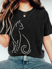 Frauen Strass Katze Muster gewaschen T-Shirt