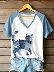 Frauen niedliche Katze Patchwork Kunst V-Ausschnitt T-Shirt