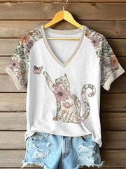 Frauen Wildblumen Katzen druck Casual T-Shirt