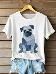 Frauen niedliches Hund Patchwork Kunst Kurzarm T-Shirt