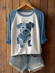 Frauen niedliches Hunde-Patchwork-Kunst-T-Shirt mit langen Ärmeln