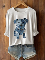 Frauen niedliches Hunde-Patchwork-Kunst-T-Shirt mit langen Ärmeln