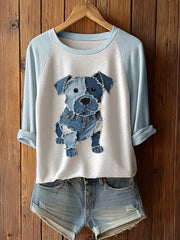 Frauen niedliches Hunde-Patchwork-Kunst-T-Shirt mit langen Ärmeln