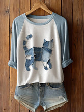 Frauen niedliche Katze Patchwork Kunst Langarm T-Shirt