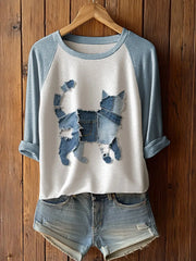 Frauen niedliche Katze Patchwork Kunst Langarm T-Shirt