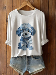 Damen niedlicher Hund Patchwork Kunst Langarm T-Shirto