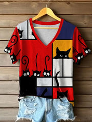 Frauen Katzen linie Kunstdruck T-Shirt