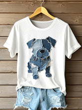 Damen Hunde muster Denim Patchwork Kunst T-Shirt