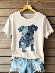 Damen Hunde muster Denim Patchwork Kunst T-Shirt