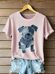 Damen Hunde muster Denim Patchwork Kunst T-Shirt