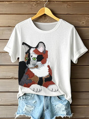 Frauen niedliches Katzen muster Patchwork Kunst T-Shirt