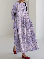 Frauen Alzheimer Bewusstsein Lila Blume Bedrucktes Baumwoll Leinen Langarm Maxi kleid