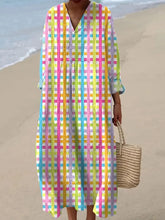 Damen-Vintage-Vintage-Kleid mit buntem Karo-Druck aus Leinen mit V-Ausschnitt