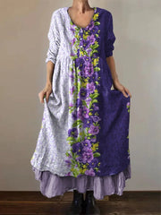 Frauen Alzheimer Bewusstsein Lila Blume Bedrucktes Baumwoll Leinen Langarm Maxi kleid