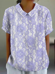 Frauen Alzheimer Bewusstsein Lila Blume Bedrucktes Baumwoll Leinen Kurzarm Hemd