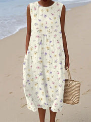 Damen Vintage Kleid mit Blumen druck Leinen ohne Ärmel