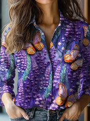 Frauen Alzheimer-Bewusstsein Lila Blume Bedrucktes Baumwoll Leinen Langarm Hemd