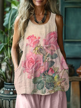 Damen-Blumen-Kunstdruck-Leinen-Tanktop