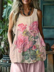 Damen-Blumen-Kunstdruck-Leinen-Tanktop