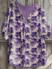 Frauen Alzheimer-Bewusstsein Lila Blume Bedrucktes Baumwoll Leinen Langarm Hemd