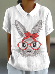 Damen Eatser Niedliches Häschen muster Bedrucktes Kurzarm-Baumwoll-Leinen hemd
