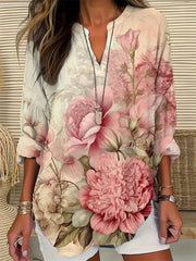 Damen Vintage Floral Baumwolle und Leinen Top