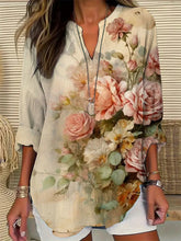 Damen Vintage Floral Baumwolle und Leinen Top