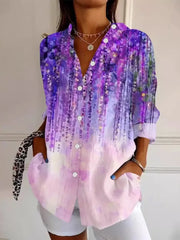 Frauen Alzheimer-Bewusstsein Lila Blume Bedrucktes Baumwoll Leinen Langarm Hemd