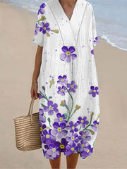 Frauen Alzheimer Bewusstsein Lila Blume Bedrucktes Baumwoll Leinen Kurzarm Maxi kleid