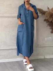 Frauen einfarbig unregelmäßiges langes Baumwoll-Leinen-Taschen kleid
