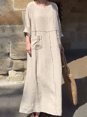 Damen einfarbig Rundhals-Baumwoll leinen lange Ärmel lässig gefaltete Doppel-Seiten-Taschen kleider