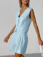 Damen Sommer Weste aus Baumwolle und Leinen Freizeit shorts zweiteiliger Anzug