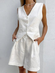 Damen Sommer Weste aus Baumwolle und Leinen Freizeit shorts zweiteiliger Anzug