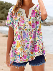 Damen-Katzen-Blumen-Kunstdruck-Leinen hemd