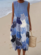 Damen Katze Patchwork Kunst Leinen Vintage Kleid