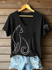 Damen Strass Katze Kunstdruck V-Ausschnitt T-Shirt